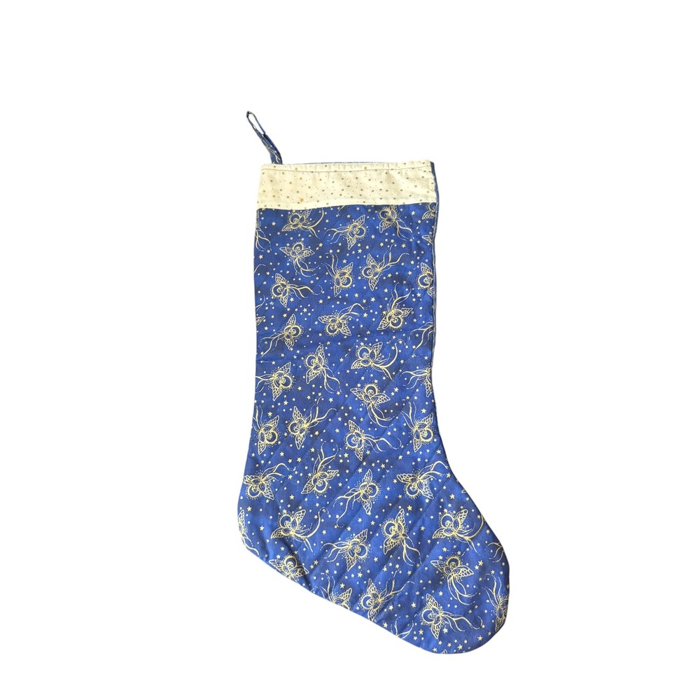 Handmade Quilted Christmasโ Stocking Blue Gold Angel Holiday Decor 19" Long